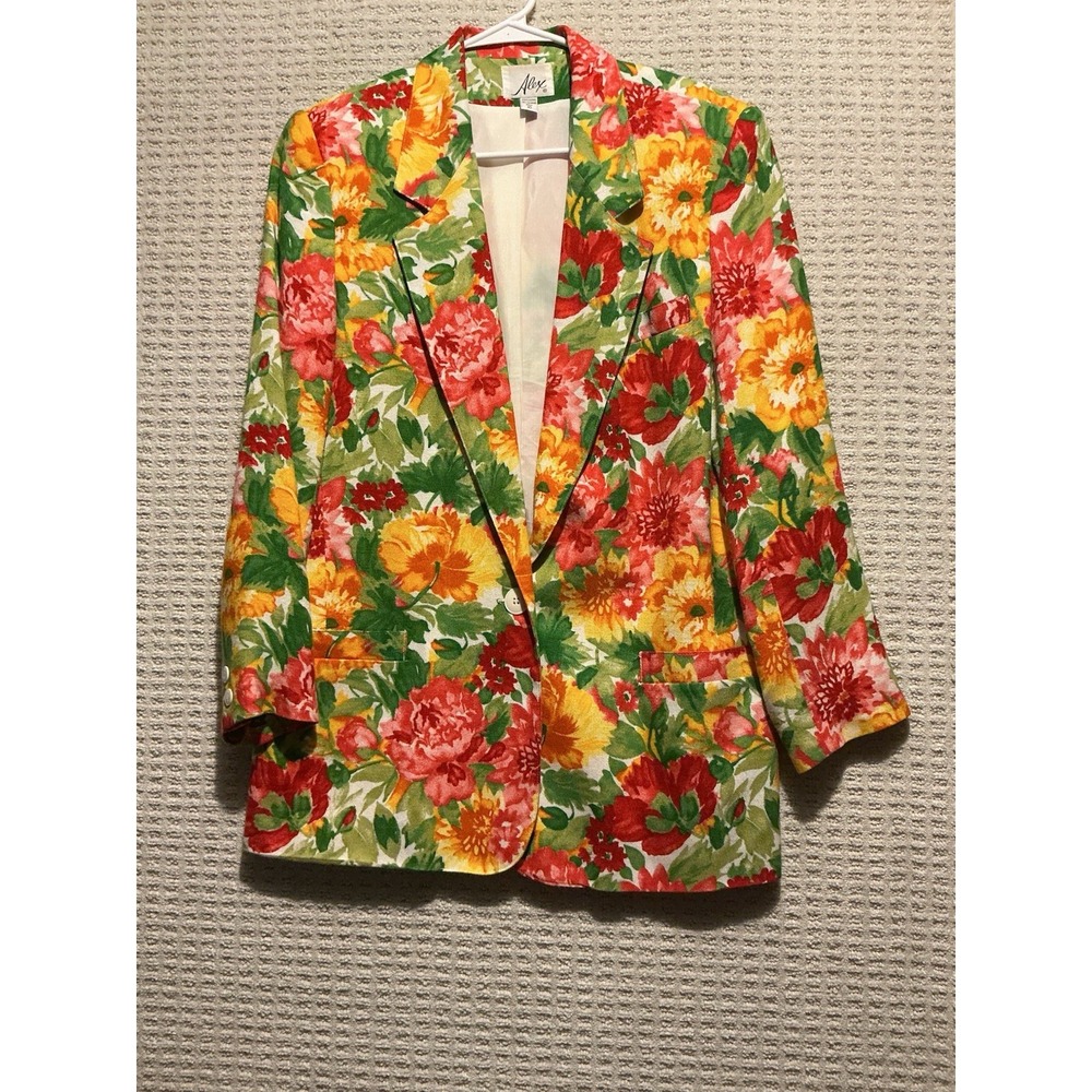 Alex Women's Blazer Jacket 10 Vibrant Floral Vintage Linen Lined Luxe 80s 90s